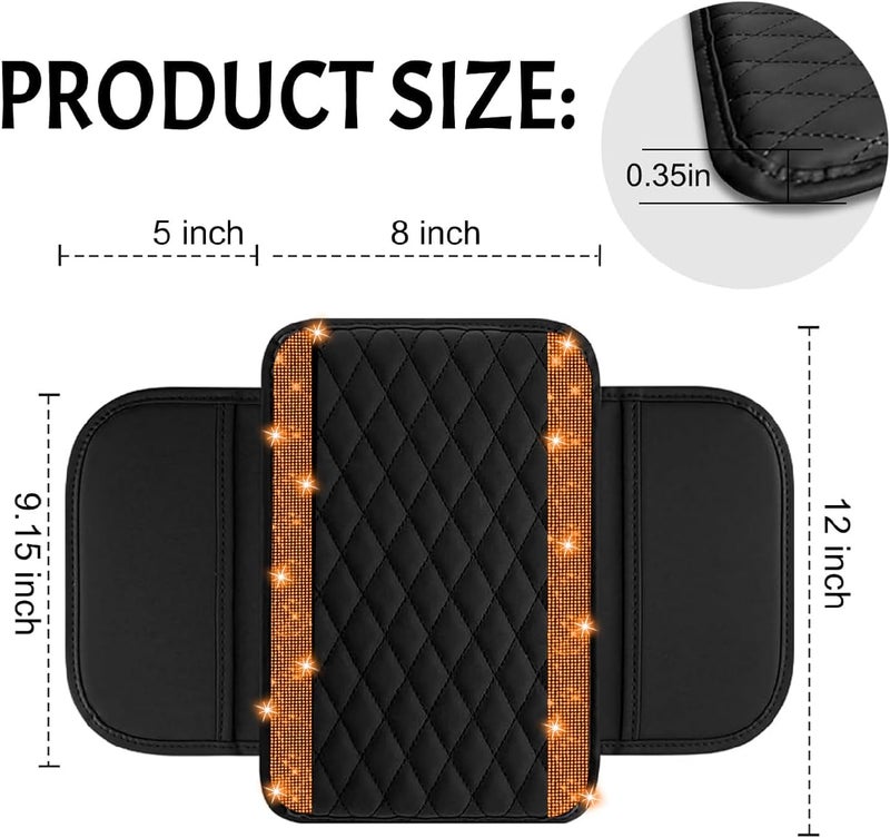 NBTEPEM Bling Car Center Console Cover, Leather Car Arm Rest Cover Cushion with 2 Storage Bags, Universal Auto Armrest Protector Storage Box, Bling Accessories Interior for Most Vehicles (Orange Diamond) - Image 2